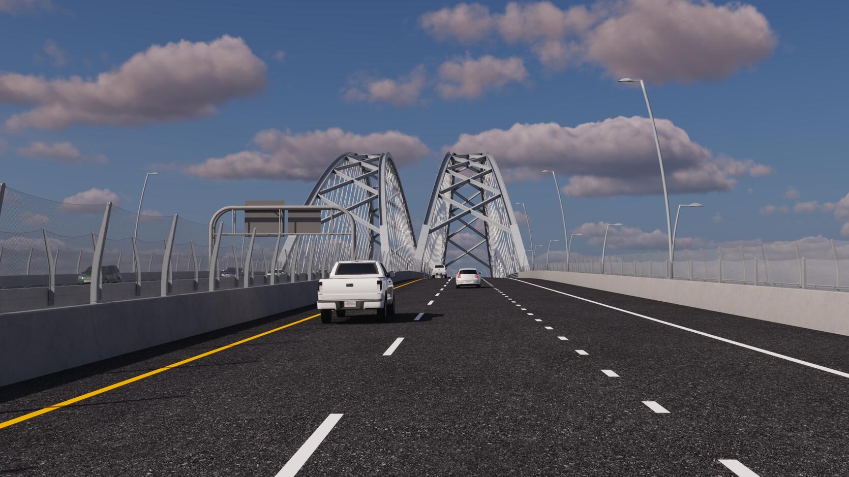 A driver's view approaching the new Sagamore Bridge, with two separate steel arches ahead, one carrying each direction of traffic.