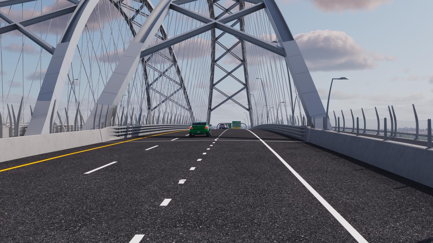 A driver's view passing under the steel arch of the new Sagamore Bridge, showing two travel lanes and a wide paved shoulder.