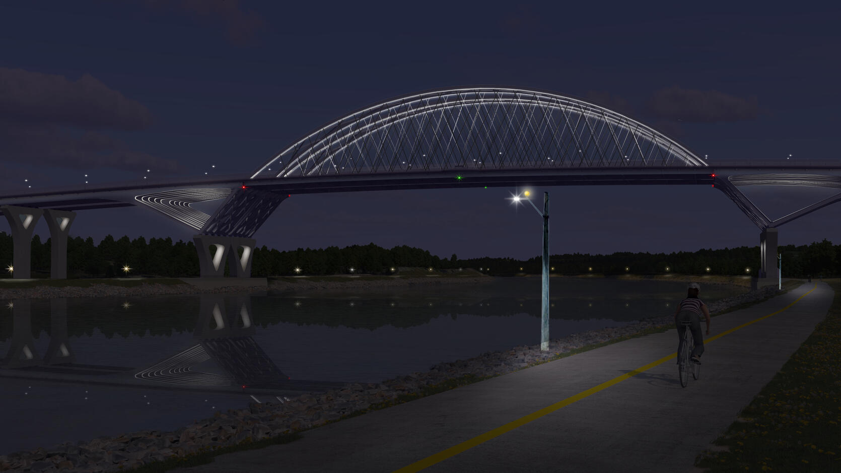 The new Sagamore Bridge at night, with the arch outlined in white LED lighting and reflected in the calm water of the canal.