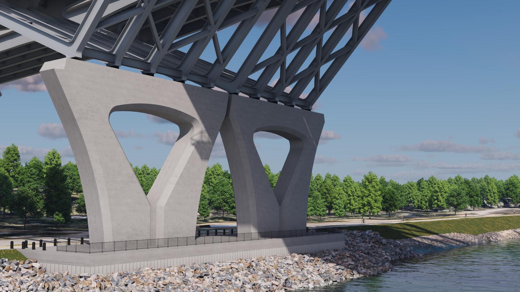 The concrete support piers of the new Sagamore Bridge standing on the shoreline, with a railed viewing platform around the base at the level of the Canal Service Road.