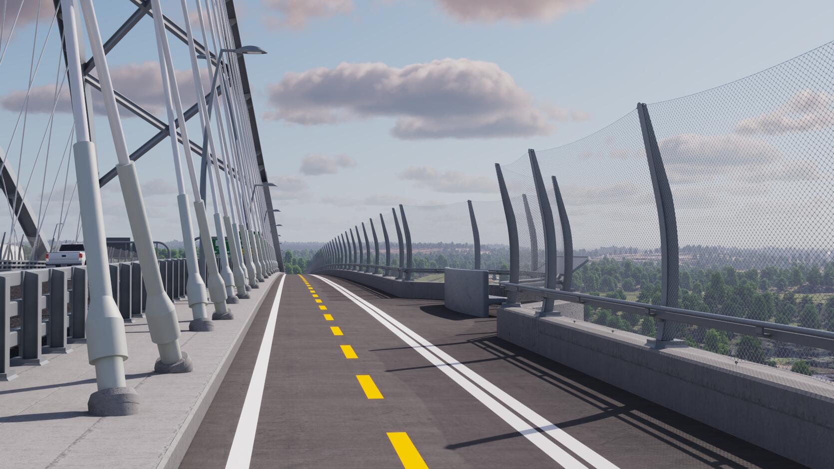 The shared use path on the new Sagamore Bridge, with a two-way bike lane marked by a yellow center line, a separate walking lane beside it, and a tall curved mesh screen along the outer edge.
